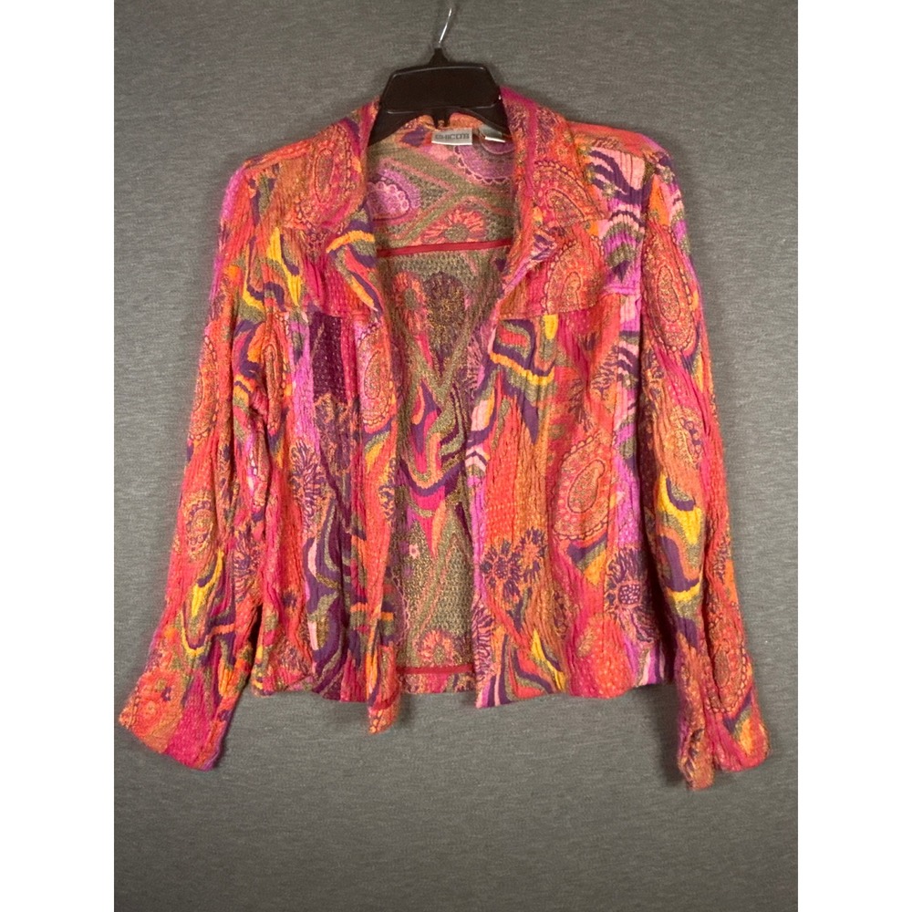 Chicos Paisley Wool Blend Open Front Cardigan Jacket Pink Orange Size 2 L Large